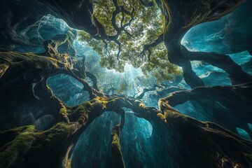 Poster - Light filters through ancient trees in a mystical forest creating a serene atmosphere full of wonder and beauty