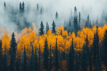 Poster - Misty forest landscape displaying vibrant autumn foliage against tall evergreen trees at dawn