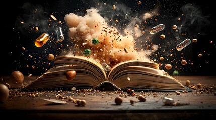 Poster - A captivating photograph showcasing the intricate and mesmerizing molecular patterns that form as chemical vapors swirl and react above the pages of an open book