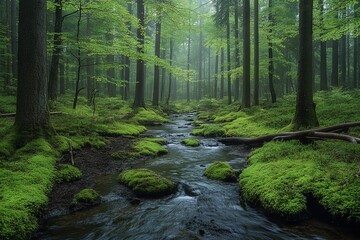 Poster - Lush green forest with a serene stream flowing through during early morning mist