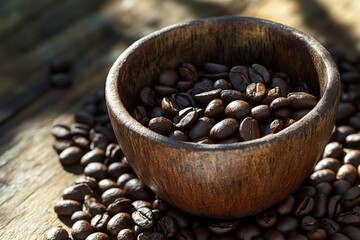Poster - Coffee beans displayed in a rustic wooden bowl on a wooden surface during warm afternoon light
