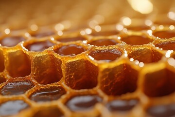 Poster - Intricate details of honeycomb structure with glistening honey in sunlight showcasing nature's craftsmanship