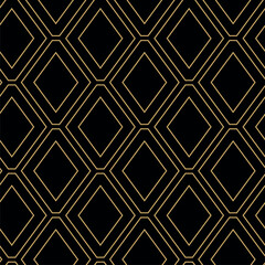 Abstract geometric pattern with squares, crosses, stripes, lines. Seamless vector background. Black and gold ornament. Modern reticulated graphic design.