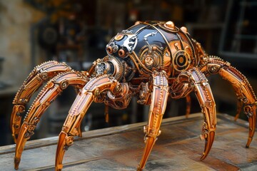 Poster - Steampunk-inspired robotic spider displayed on a wooden table in a workshop during the daytime