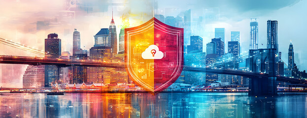 Poster - Cityscape cloud security, bridge backdrop