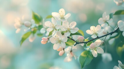 Aufkleber - Blooming apple tree branch with delicate white flowers in spring