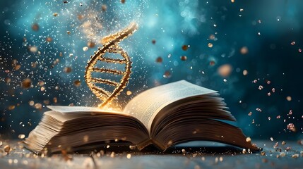 Poster - Glowing DNA Double Helix Emerging from the Pages of an Open Book Symbolizing the Genetic Blueprint and Secrets of Life Waiting to be Discovered Through Scientific Research and Learning