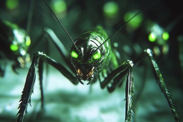 Poster - Close-up view of a menacing insect with glowing green eyes in a dark environment exploring its surroundings