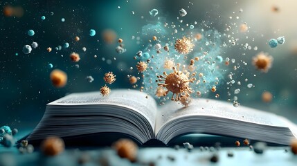 Poster - Open book showcasing a captivating microscopic world of cells bacteria and viruses in intricate detail representing the fascinating realm of microbiology and scientific