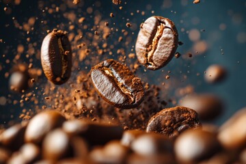 Aufkleber - Coffee beans flying in the air above a pile of ground coffee with a dark blue background