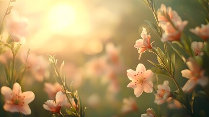 Aufkleber - Peach blossoms blooming in golden sunset light during spring season