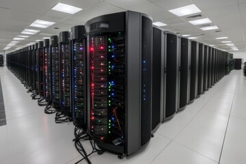 Poster - Data center with multiple server racks displaying various colored lights under bright overhead illumination