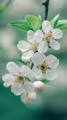 Aufkleber - White spring flowers blooming on branch with green leaves