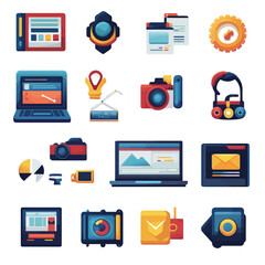 Poster - Colorful Tech Icons: Laptop, Camera, Gear, and More