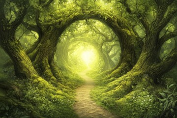 Poster - Enchanted forest pathway leading to a bright light in the distance during the day