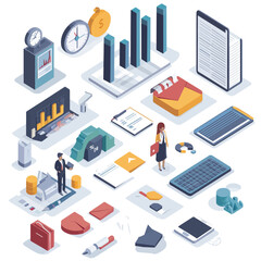 Poster - Isometric business icons and woman with charts and financial data