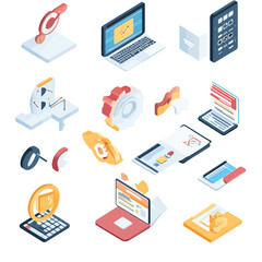 Poster - Isometric Technology Icons Set, Laptop, Computer, Mobile Phone, Gear Elements
