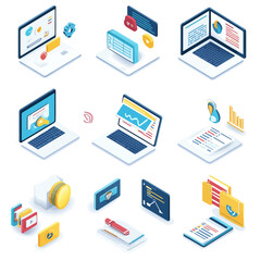 Poster - Isometric illustrations of laptop screens, charts, and business symbols