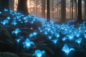 Poster - Mystical forest filled with glowing blue flowers at sunset