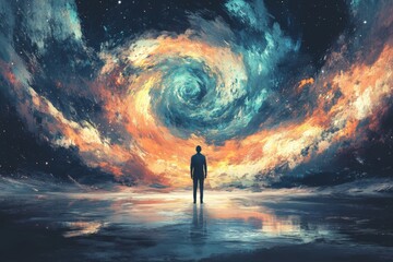 Aufkleber - Person stands before a swirling galaxy reflecting on the vastness of the universe at twilight