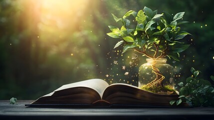 Poster - Conceptual image of an open book with a tree of evolution growing from its pages displaying the interconnected progression of diverse species from single celled organisms to complex mammals