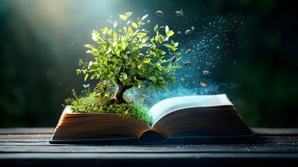 Poster - Open book with a lush tree of evolution growing from its pages displaying a diverse array of interconnected species from single celled organisms to complex mammals