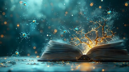 Poster - Illuminated Book of Neuroscience and Cognitive Complexity A visually striking image depicting an open book with neurons and brain synapses lighting up