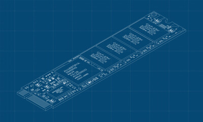 Fototapete - Isometric solid state drive blueprint. Drive ssd storage illustration. SSD M.2 illustration. Computer hardware components. Vector illustration