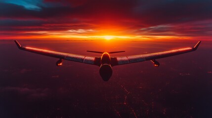 Poster - A sophisticated drone operates at twilight, skillfully collecting telemetry and satellite signals while gliding through the colorful sunset above a sprawling city.