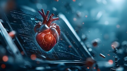 Poster - futuristic holographic heart beating rhythmically surrounded by medical diagrams and cardiology data