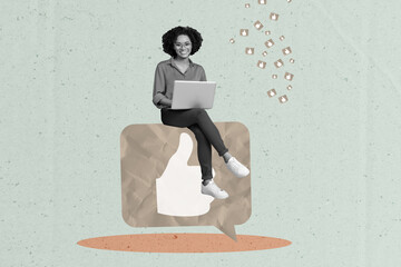 Poster - Poster banner collage of young woman sit like button using netbook
