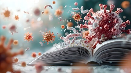 Poster - open book revealing a highly detailed microscopic view of various viruses and bacteria representing 