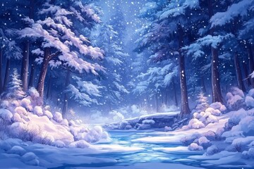 Aufkleber - Winter landscape with falling snow and a serene river flowing through a tranquil forest setting in a snowy environment
