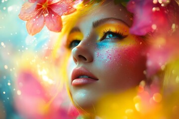 Aufkleber - Portrait of a woman adorned with colorful flowers, showcasing vibrant makeup with a dreamy and ethereal atmosphere