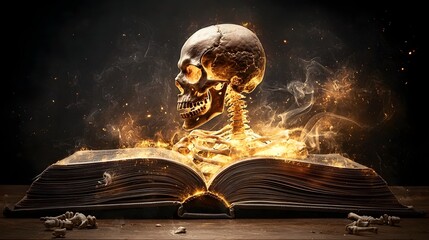 Poster - A digital X ray scan of a human skeleton with glowing joints and bone structures emerges from the pages of an open book revealing the inner workings of the body in a unique and visually striking way