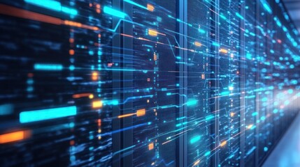 Poster - Abstract digital data processing with vibrant lines and glowing elements representing modern technology and communication networks.