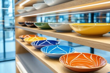 Poster - Glazed dinner plates collection displayed on shelf bright gallery setting angled viewpoint realistic color accents