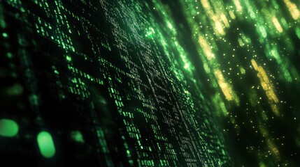 Poster - abstract visual of digital data flow, featuring vibrant green and yellow lights symbolizing modern t