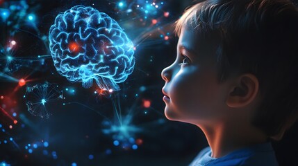 Aufkleber - Child observing glowing brain representing artificial intelligence and neural networks