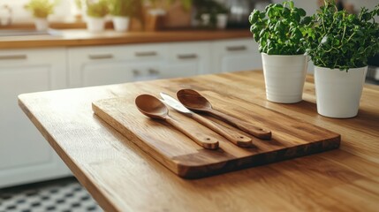 Poster - Craftsmanship highlight unique ceramic serving utensils on rustic wooden board in cozy kitchen setting