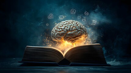 Poster - A surreal and conceptual image depicting an open book from which a glowing human brain emerges surrounded by floating symbols and icons representing the cognitive processes emotions