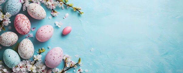 Poster - Easter eggs and spring flowers creating a frame on a light blue background