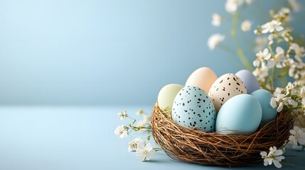Poster - Easter eggs with spring flowers resting in a nest on a light blue background