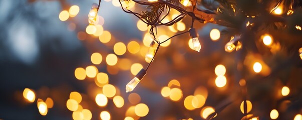 Aufkleber - Warm christmas lights hanging on a pine tree creating a festive bokeh effect