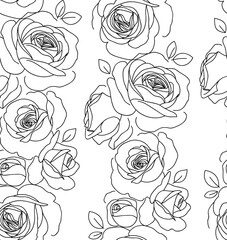 Aufkleber - Seamless pattern with line art rose bud and leaves. Beautiful blossoming hand drawn flower on white background. Abstract wallpaper. Fabric or wrapping design. Vector stock illustration