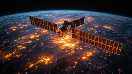 Aufkleber - A satellite operates in low Earth orbit, capturing real-time telemetry data and conducting geospatial analysis, revealing illuminated areas below at night.