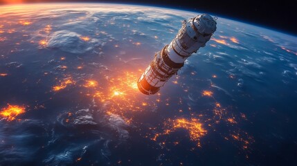 Aufkleber - A satellite orbits Earth, sending telemetry and positioning signals to ground stations. Below, urban areas glow brightly, facilitating GPS and GNSS services globally.