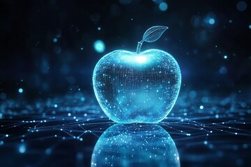 Poster - Abstract Blue Digital Apple Glowing Network Technology Futuristic Modern Elegant Shiny Light Particles Background Design Illustration 3d data grid    