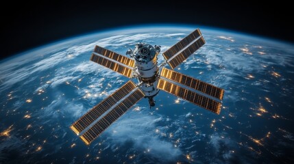 Poster - Orbiting Earth, the satellite utilizes solar panels for energy while transmitting critical telemetry data. It supports GPS and GNSS for accurate positioning and tracking applications.