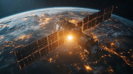 Poster - A geostationary satellite operating in low Earth orbit showcases advanced technology, engaging in data transmission and telemetry as city lights illuminate the planet below.
